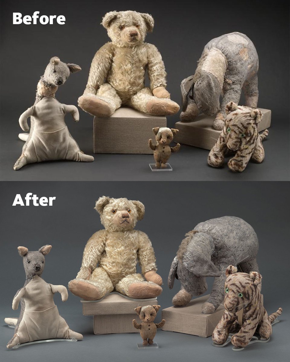 ❤️ Love changes you, but so does conservation! See the dramatic transformation of #WinniethePooh and friends, before and after the Library restored them in 2016. Plan your visit to see Pooh, Eeyore, Kanga, Piglet, and Tigger in #NYPLTreasures: on.nypl.org/4jh89gj