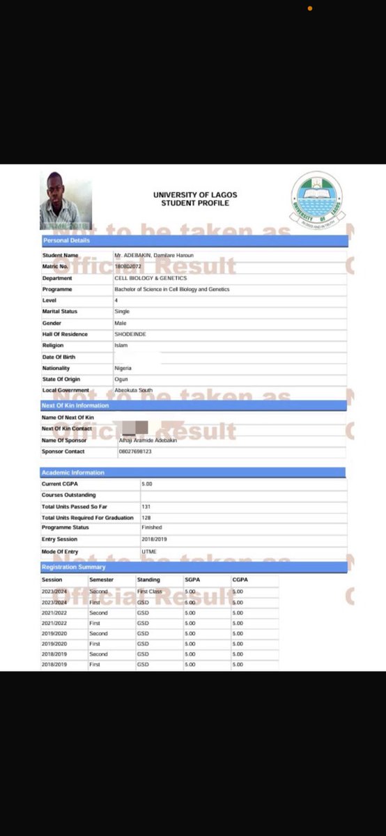 A_D_Haroun's tweet image. Mine the Treasures in UNILAG

Graduated with a perfect CGPA of 5.0/5.0 as overall best graduating student of the University of Lagos @UnilagNigeria but it doesn’t stop there — فضل من الله. Achieved this and so much more, by Allah’s grace.
I hope this inspires every youth…
No 10.