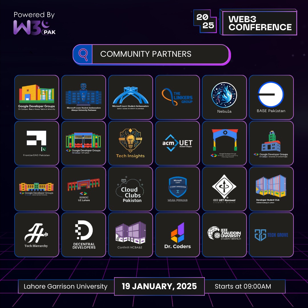 Community Makes #Web3 Stronger!

Proud to have these incredible Community Partners join us at Web3 Conference 2025! 🔥🚀

📍 Lahore Garrison University
📅 19 January 2025
⏰ Starts at 09:00 AM

Together, we're shaping the future of blockchain &amp; Web3 innovation!

#Web3Conference