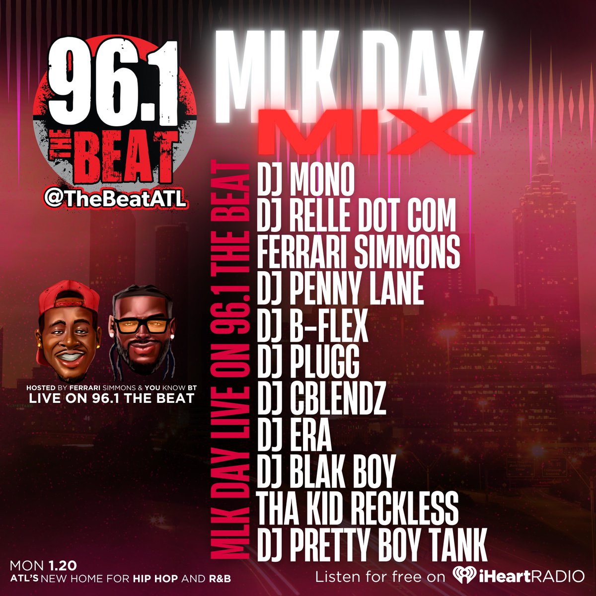 DJBlakBoy's tweet image. Spend your “MLK Day” with US! #TheBeatATL
January 20th - Monday MLK DAY
2pm - DJ Mono (@_djmono)
3pm - DJ Relle Dot Com (@relledotcom)
4pm - Ferrari Simmons (@FerrariSimmons)
5pm - DJ Penny Lane (@pennymoreproud)
6pm - DJ B-Flex (@djbflex)
7pm - DJ Plugg (@1djplugg)
8pm - DJ…