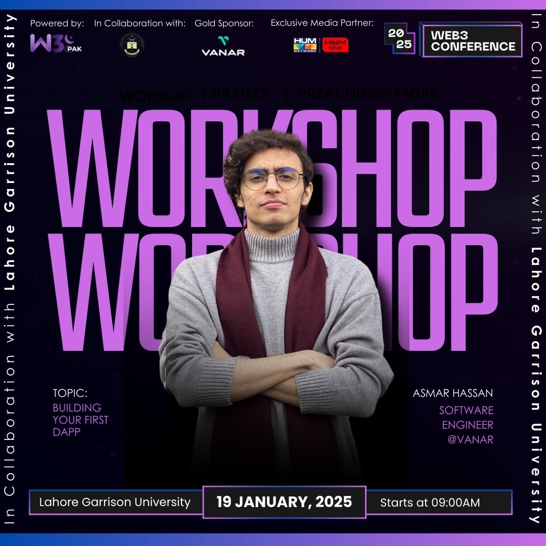 🎓 𝐖𝐨𝐫𝐤𝐬𝐡𝐨𝐩 𝐒𝐩𝐨𝐭𝐥𝐢𝐠𝐡𝐭: guidance to  build your first DApp with practical tips and insights into Web3 development. 🚀🌐    

🔗 (lu.ma/3n3gfvl9)  

#Web3ConferencePK #BuildingYourFirstDApp #blockchain #Web3Pakistan