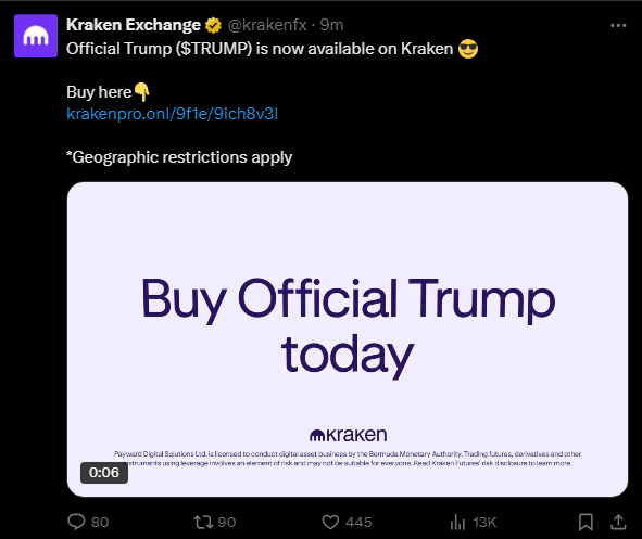 blocknewsdotcom's tweet photo. JUST IN: 🇺🇸 Kraken exchange lists Donald Trump's Solana meme coin $TRUMP https://t.co/IaxGW4CQae