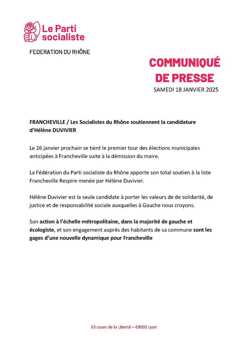 #francheville Les Socialistes du Rhône soutiennent la liste <a href="/MaVilleRespire/">FRANCHEVILLE RESPIRE</a>  conduite <a href="/HeleneDromain/">Hélène Duvivier Dromain</a> pour  le premier tour des élections du 26 janvier prochain
