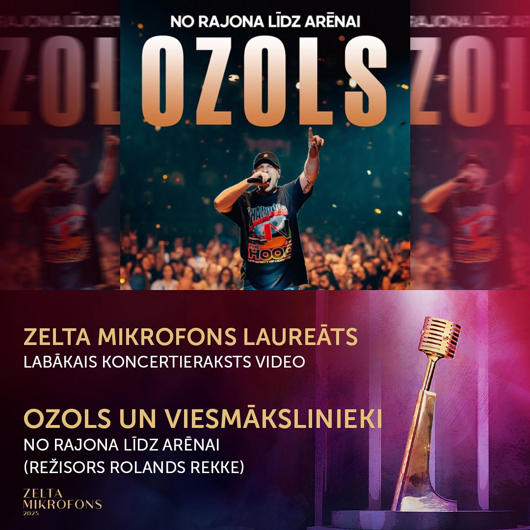 Kategorijā “Labākais koncertieraksts video” Zelta mikrofonu iegūst OZOLS un viesmākslinieki ar koncertierakstu “No rajona līdz arēnai”! 🎙️(Režisors Rolands Rekke)