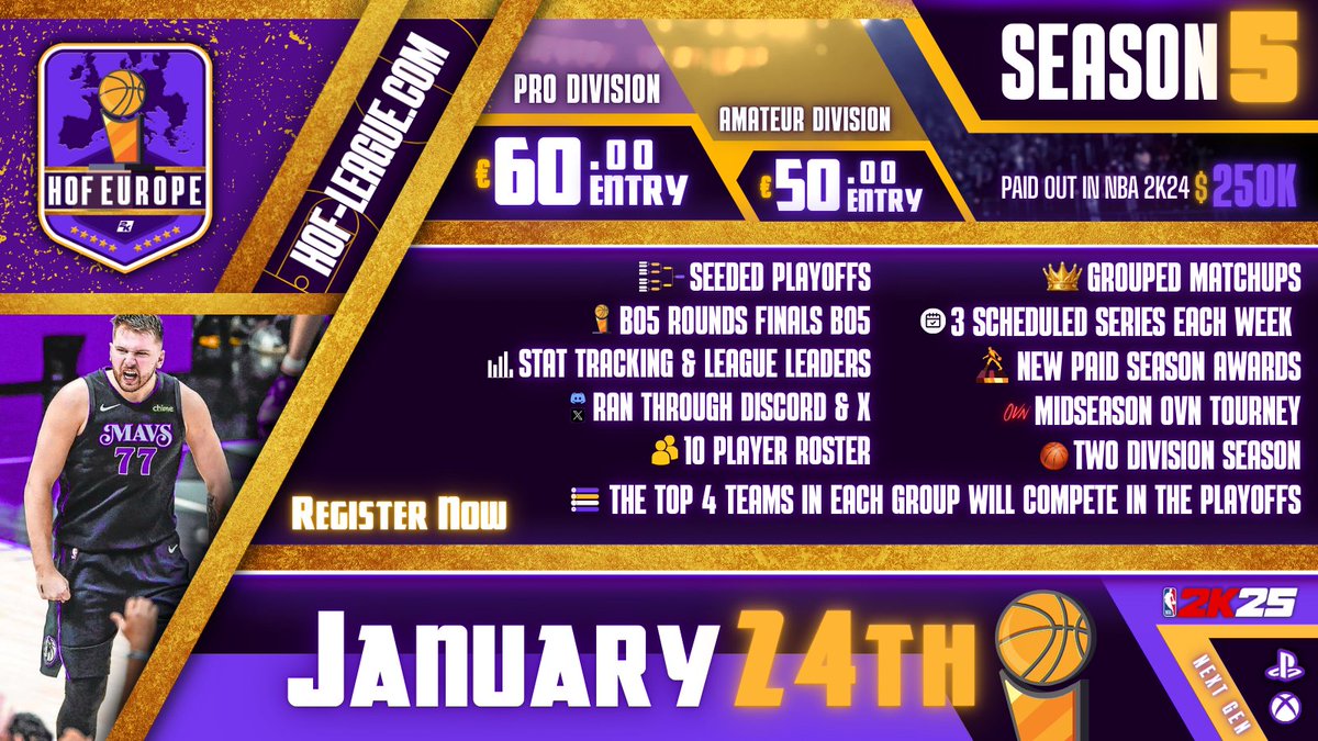 HOF World (@hofworld2k) on Twitter photo 🏆EU Season 5 Registration Extension
🏀2 Divisions - Pro & Am
🗓 Season Begins JAN 24th
🔥4 Paid Season Awards
👑Player Rankings, Scheduled Matchups
🌒Mid-Season OVN
💸Pro Entry €60.00 - Am Entry €50.00
▶️ Register Now: hof-league.com/eu-season/
<a href="/DangerrFT/">Over-Night Danger 💫</a> <a href="/ToXsiK/">Brandon Raudenbush</a> 🏆EU Season 5 Registration Extension
🏀2 Divisions - Pro & Am
🗓 Season Begins JAN 24th
🔥4 Paid Season Awards
👑Player Rankings, Scheduled Matchups
🌒Mid-Season OVN
💸Pro Entry €60.00 - Am Entry €50.00
▶️ Register Now: hof-league.com/eu-season/
<a href="/DangerrFT/">Over-Night Danger 💫</a> <a href="/ToXsiK/">Brandon Raudenbush</a>