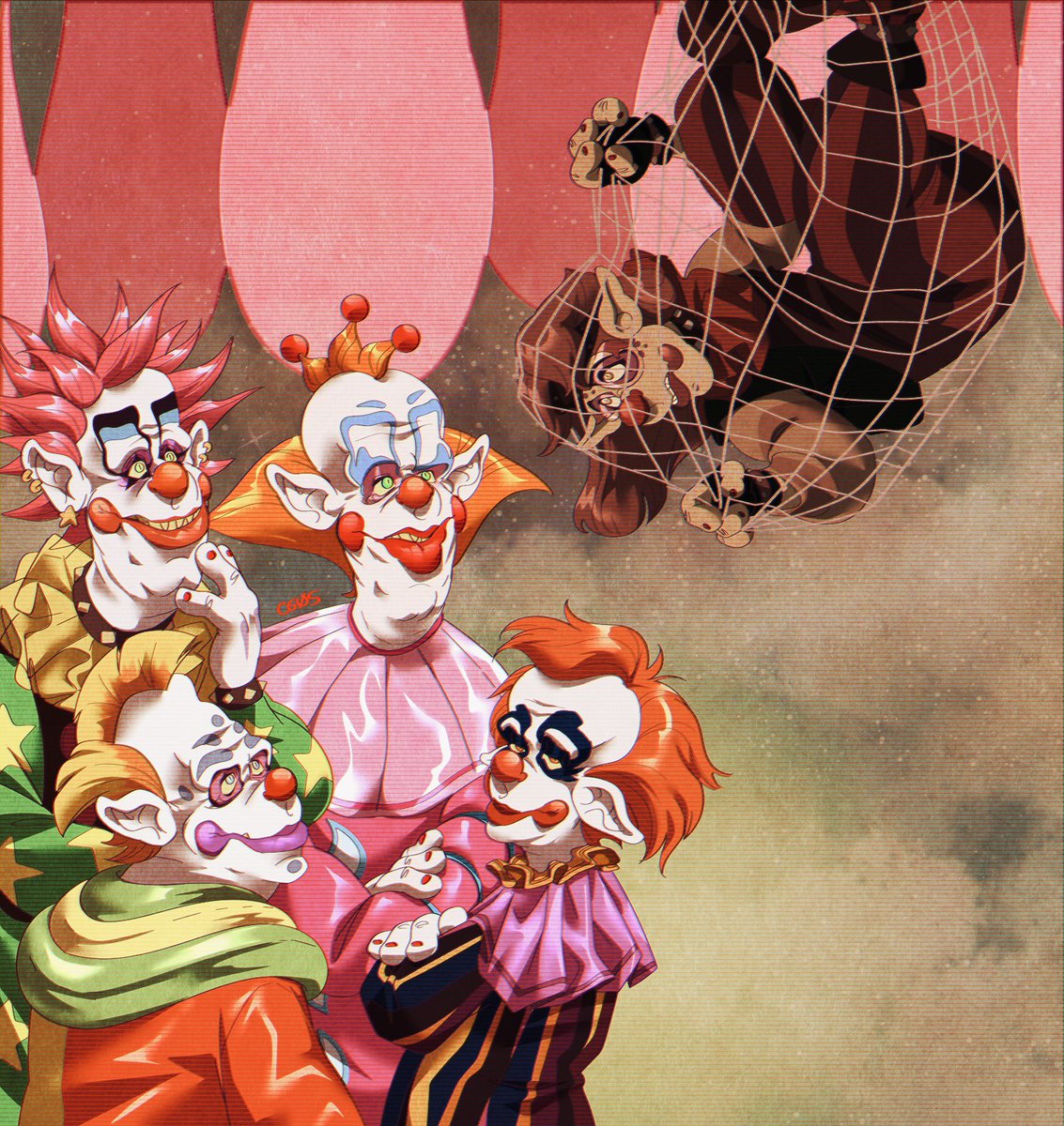 cageyshick's tweet photo. Requested by my friend Spacecircusofklowns from Tumblr, she asked for a scene from her killer klowns story🙂

#Killerklownsfromouterspace #Killerklowns #KKFOS #Spikey #Slim #Bibbo #Rudy #OC #Fancharacter #Sofi #Fanart https://t.co/7HdL9to0Q0
