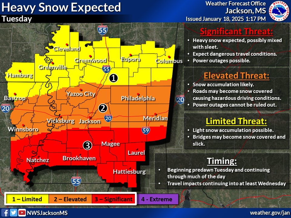 NWSJacksonMS's tweet photo. A Winter Storm Watch is now in effect for portions of Central and South Mississippi and Northeast Louisiana. Confidence is increasing in that snowfall accumulations on Tuesday will result in dangerous travel conditions, especially in these areas. https://t.co/MLDXpm4eTx