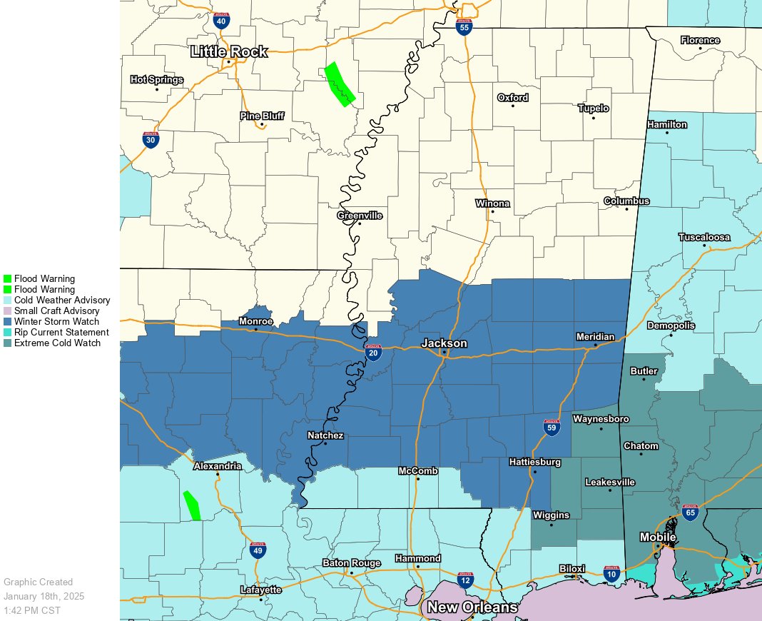A Winter Storm Watch is now in effect for portions of Central and South Mississippi and Northeast Louisiana. Confidence is increasing in that snowfall accumulations on Tuesday will result in dangerous travel conditions, especially in these areas.