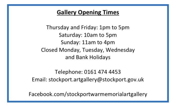 103rd STOCKPORT ART GUILD EXHIBITION STOCKPORT WAR MEMORIAL ART GALLERY
Preview: Sunday 2nd February 2025 at 1pm to 3pm (Members and guests only)
Exhibition: Thursday 6th February 2025 to Friday 4th April 2025.
You're invited to Stockport War Memorial Art Gallery.