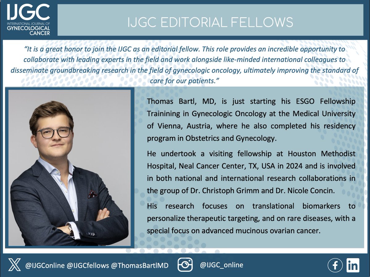 IJGC (@ijgconline) on Twitter photo Excited to have <a href="/thomasbartlMD/">Thomas Bartl</a> join the inaugural cohort of #IJGC #EditorialFellows for #2025! 🎉
Beginning his #ESGO Fellowship at the Medical University of #Vienna, Dr. Bartl brings incredible expertise and passion to the team!👥
<a href="/pedroramirezMD/">Pedro T Ramirez</a> <a href="/HsuMd/">Arthur_HC_Hsu</a> <a href="/JayrajAarthi/">Aarthi S Jayraj</a> Excited to have <a href="/thomasbartlMD/">Thomas Bartl</a> join the inaugural cohort of #IJGC #EditorialFellows for #2025! 🎉
Beginning his #ESGO Fellowship at the Medical University of #Vienna, Dr. Bartl brings incredible expertise and passion to the team!👥
<a href="/pedroramirezMD/">Pedro T Ramirez</a> <a href="/HsuMd/">Arthur_HC_Hsu</a> <a href="/JayrajAarthi/">Aarthi S Jayraj</a>