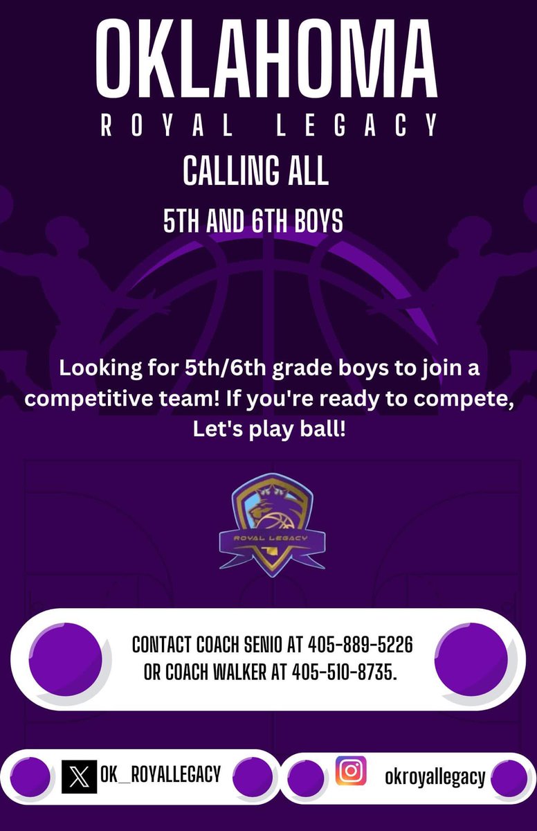 🏀 IT’S TIME TO BALL! 🏀 
￼

Are you ready to elevate your game? 💪 Oklahoma Royal Legacy TRYOUTS are open for BOYS &amp; GIRLS of ALL AGES – and they’re FREE!

🔥 Compete locally or nationally – YOUR journey, YOUR goals.
🔥 We’re also looking for dedicated coaches to join our