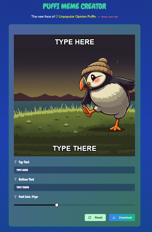 PUFFI_PUFFIN's tweet photo. We have a meme generator here :D  

Join the $PUFFI family!

CA - C8U8BFmEpucCKzqDkuvcnSRWaQCyn31Ua3zRGmPhpump https://t.co/dA24YFm4rt