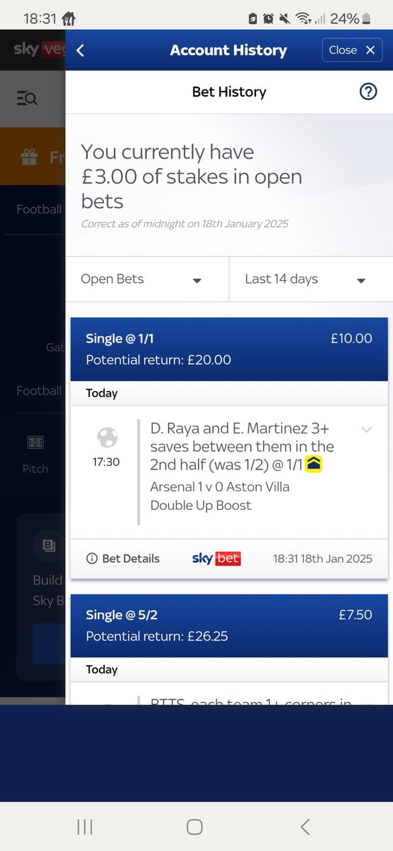 FisherSL77's tweet photo. @SkyBetHelp @SkyBet please can you check the second half saves bet in the arsenal game as opts says 3. https://t.co/xioOl63R7v