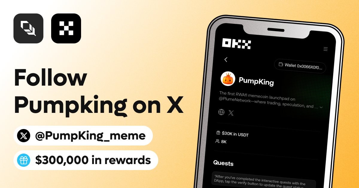 plumenetwork's tweet photo. Meet OKX @Wallet Cryptopedia participant @PumpKing_meme, the first RWAfi memecoin launchpad on Plume.

PumpKing is where trading, speculation, and real world asset memes meet. 🎃👑 https://t.co/DFLzxc8HWX