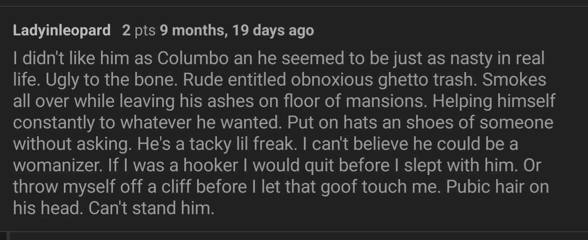 ColumboScreens's tweet photo. for as much as i (and seemingly most people) love columbo, i even more so love stumbling upon the exceedingly rare specimen driven to madness with hatred for a tacky, pube-headed mussolini https://t.co/DxYsIDUhUi