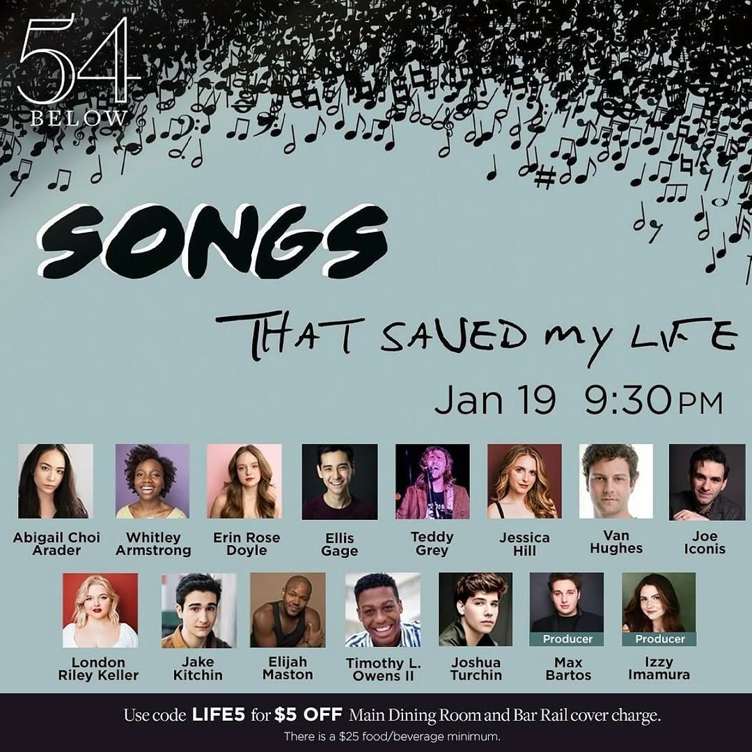 TOMORROW: "Songs That Saved My Life" is happening at 54 Below with performances by Erin Rose Doyle and Joshua Turchin! Max Bartos ("Sing Street") is producing the concert. Get tickets here: 54below.org/events/songs-t…