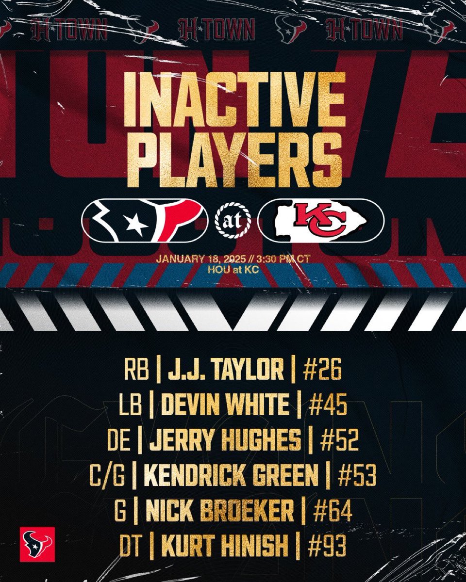 AdamSchefter's tweet photo. Texans inactives today vs. Chiefs: https://t.co/pXms9WvQiN
