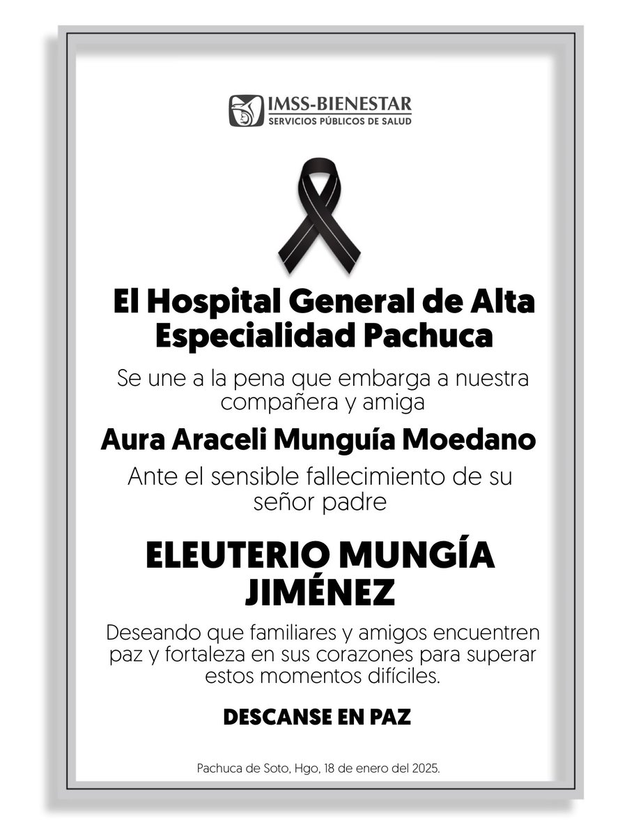 El #HGAEP se une a la pena que embarga a nuestra compañera y amiga Aura Araceli Munguía Moedano ante el sensible fallecimiento de su señor padre ELEUTERIO MUNGUÍA JIMÉNEZ, deseando que su familia encuentre paz y fortaleza para superar estos momentos difíciles.
