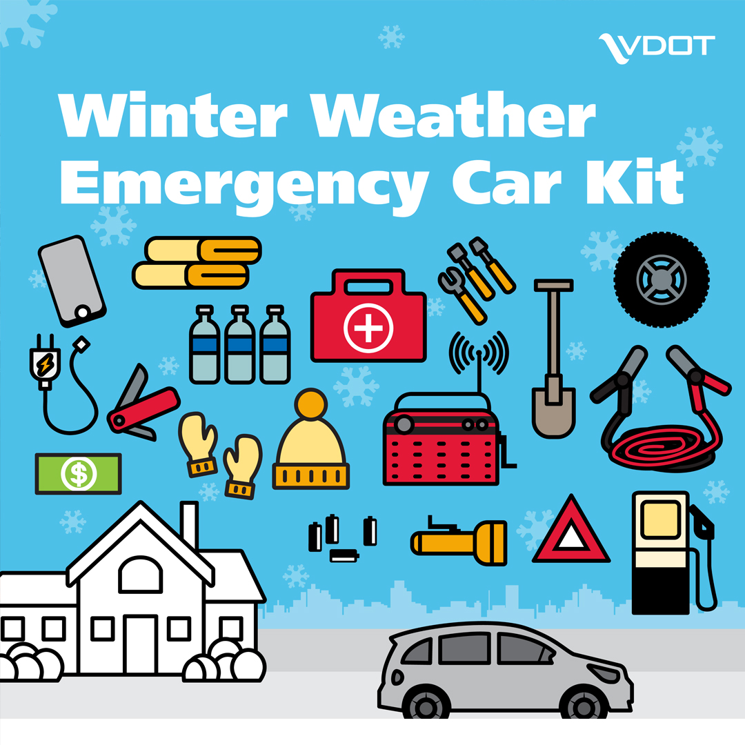 VaDOT's tweet photo. Chilly temps are in the forecast, Virginia. Make sure your winter weather emergency car kit is ready and stocked with essentials for you, your family and pets. https://t.co/P2n7nb77Oa