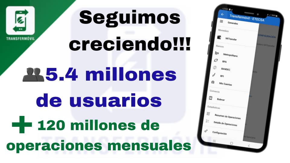 📢 #Transfermóvil 🇨🇺 llega hoy, sábado 18 de enero de 2025, a 5.4 millones de usuarios con +120 millones de operaciones mensuales. Seguimos creciendo.
<a href="/ETECSA_Cuba/">ETECSA</a> 
<a href="/TransfermovilS/">Transfermóvil Cuba</a> 
<a href="/BancoCentralCub/">Banco Central de Cuba</a> 
<a href="/MINCOMCuba/">Ministerio de Comunicaciones Cuba</a> 
<a href="/MinturCuba/">Ministerio Turismo</a>