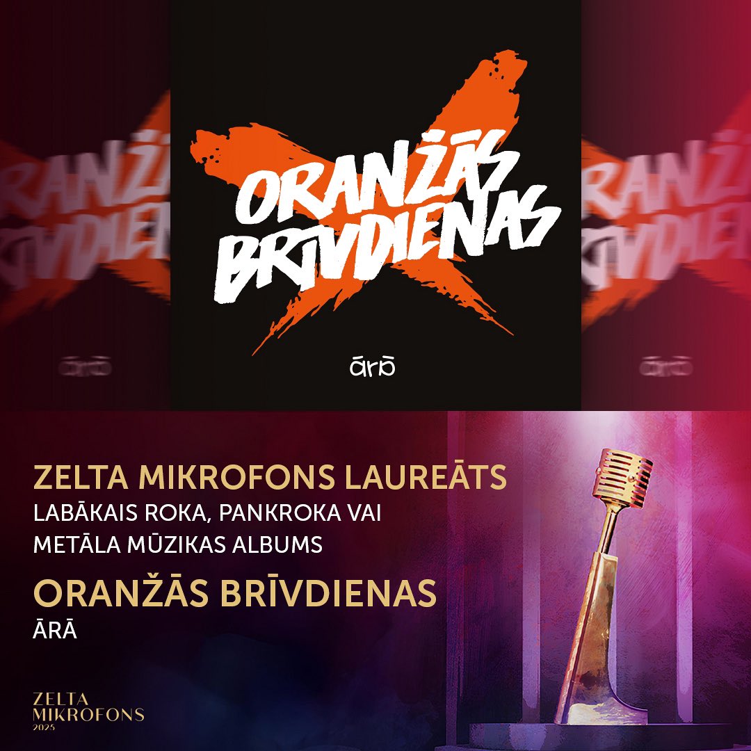 Kategorijā “Labākais roka, pankroka vai metāla mūzikas albums” Zelta mikrofonu iegūst Oranžās Brīvdienas ar albumu “Ārā”! 🎙️