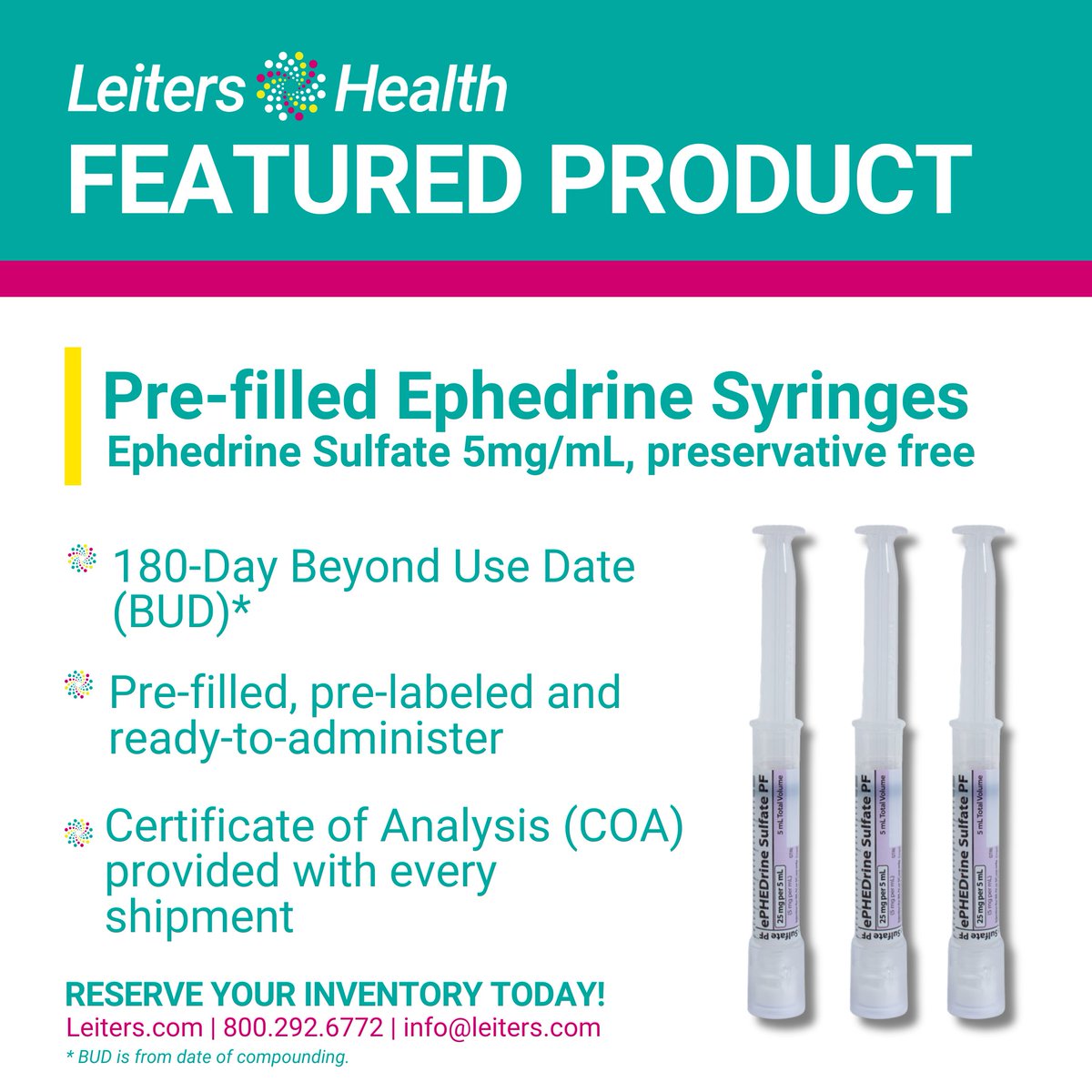 Leiters's tweet photo. We’re excited to announce that Leiters Health has 𝙋𝙧𝙚-𝙛𝙞𝙡𝙡𝙚𝙙 𝙀𝙥𝙝𝙚𝙙𝙧𝙞𝙣𝙚 𝙎𝙮𝙧𝙞𝙣𝙜𝙚𝙨 in stock and ready to ship from our FDA-registered #503B facility.  Visit https://t.co/5l7dZOFbD8 to learn more and place your order. https://t.co/OUgetjshpQ