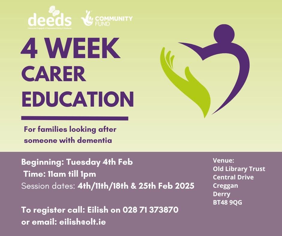 🆕 Our <a href="/TNLComFundNI/">The National Lottery Community Fund NI</a> DEEDS - Dementia Engaged and Empowered in Derry &amp; Strabane 4 week Carers Education

📌 Starts Tuesday 4th February 
📌 11am till 1pm

ℹ Contact Eilish for more information or to register a place.
ℹ 028 71373870 or eilish@olt.ie