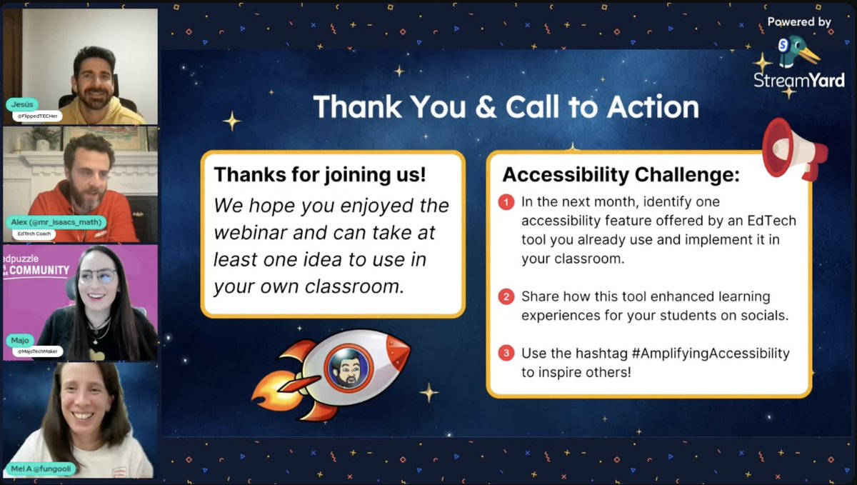 🎉🥳We've done it folks, the first episode of #AmplifyingAccessibility is done! Huge ✨💙 to <a href="/mr_isaacs_math/">𝑨𝒍𝒆𝒙 𝑰𝒔𝒂𝒂𝒄𝒔, 𝑴.𝑬𝒅. 🧔🏻‍♂️</a> <a href="/MajoTechMaker/">Majo Araujo</a>  and <a href="/FlippedTECHer/">Jesús Sánchez</a>  for being AMAZING presenters. 
🎬Watch the replay here: youtube.com/live/zzXwHfrGm…
So many 💡s about <a href="/AdobeExpress/">Adobe Express</a> and <a href="/edpuzzle/">Edpuzzle</a>