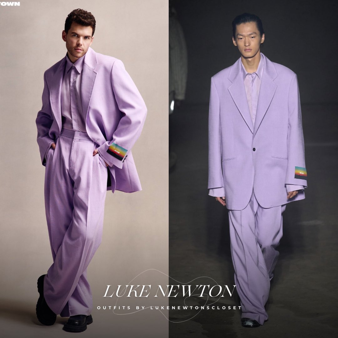 lukenewtscloset's tweet image. [#OUTFITOFTHEDAY 1/2] Luke Newton for #ManAboutTown Magazine (Spring/Summer 2024 issue) 💜, wearing: 

—a pale lilac ensemble from #MSGM Men’s SS24 collection
❊ 🏷️: $ N/A USD (unavailable online) 

*.:｡styled by Luke Day