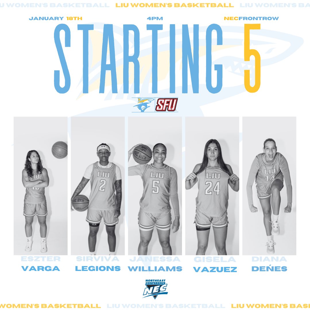 LIU Women's Basketball (@sharkswbb) on Twitter photo Shark Nation 🦈! Here’s our starting 5:
@estie_varga
@vivalegions22
@jaye.celine
<a href="/giselavase_/">Gisela Vázquez</a>
@dia_denes_14
#LockedInTogether | #RiseOverRun Shark Nation 🦈! Here’s our starting 5:
@estie_varga
@vivalegions22
@jaye.celine
<a href="/giselavase_/">Gisela Vázquez</a>
@dia_denes_14
#LockedInTogether | #RiseOverRun