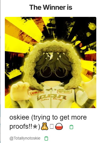 bloxybet's tweet photo. Congratulations to our winner @Totallynotoskie!

Please send us a twitter DM to claim your prize.

Thanks to all that participated and make sure to stay tuned for our new giveaway! https://t.co/CH08uNvb1M