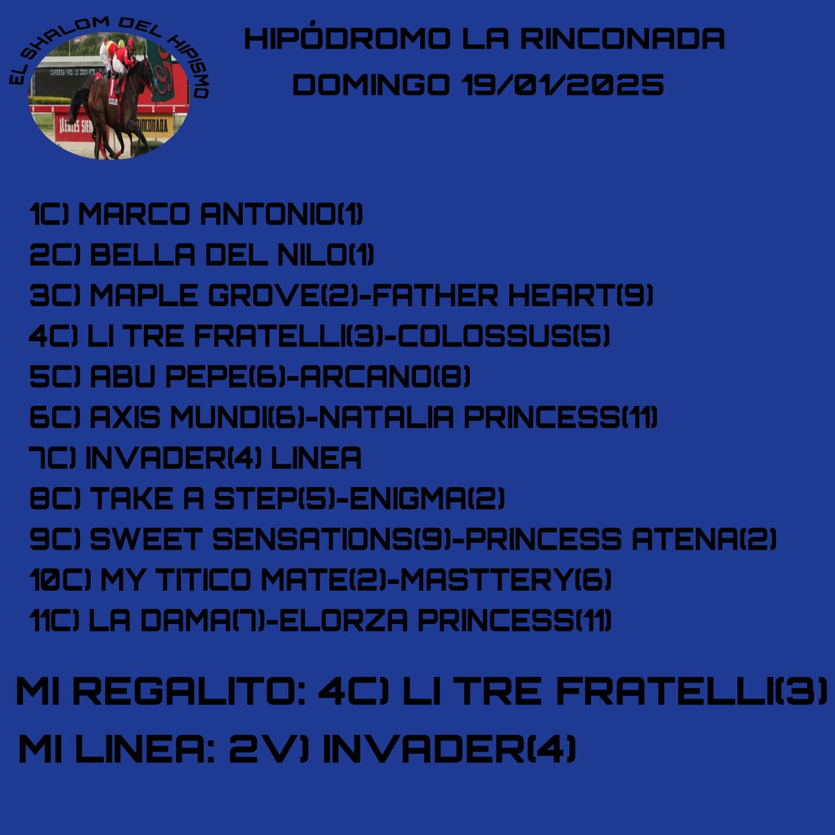 Saludos amigos hípicos, aquí les dejo mi información para el día Domingo 19/01/2025 primera jornada del año, éxitos y SHALOM.
