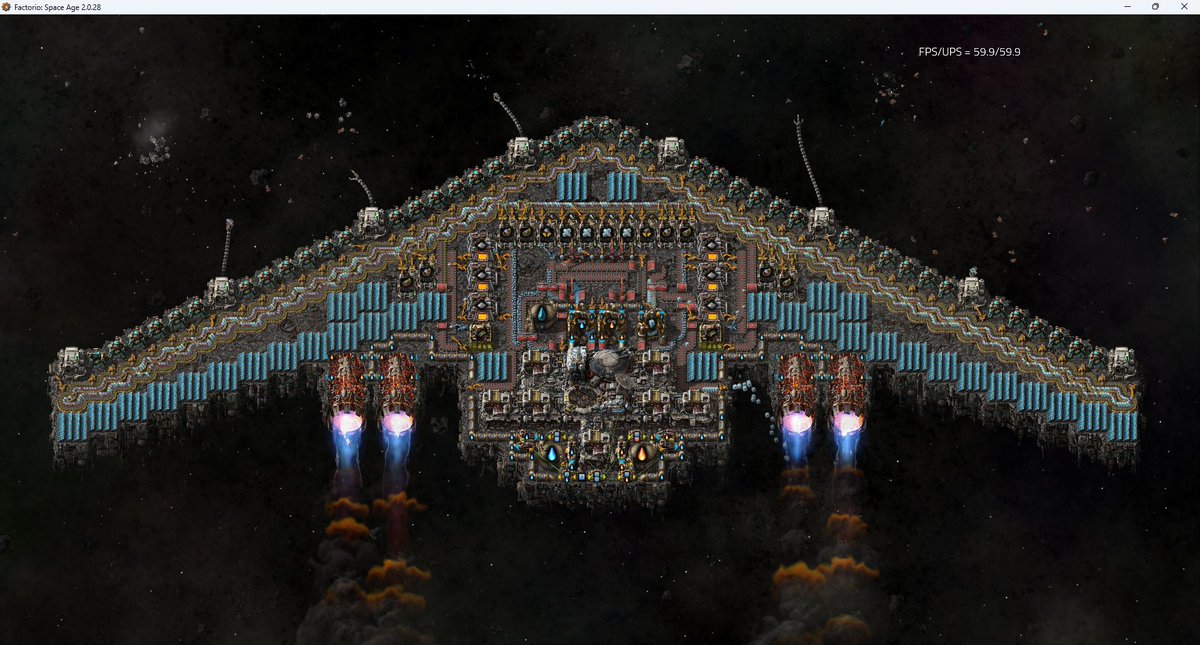 I upgraded from the flying brick designs ;)
I also tried mixing fuel and oxidizer in the same pipe and it kinda works, but sometimes fluids get stuck. I wish there was a way to read the contents of the thrusters.
#Factorio #FactorioSpaceAge