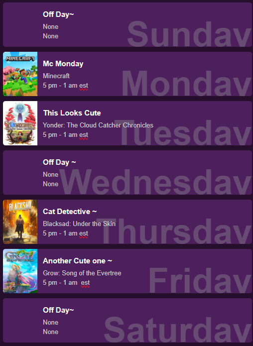 AngelLyrics1's tweet photo. Hello everyone, here is the schedule from Jan 19,25 to Jan 25,25. I am also looking for games suggestions or if their is a game I played in the past that u'd like to see again pls leave a comment with ur suggestion! u can find me on https://t.co/S0xNSZ8aLu !
#twitchstreamer https://t.co/KW3Lls1Ewr