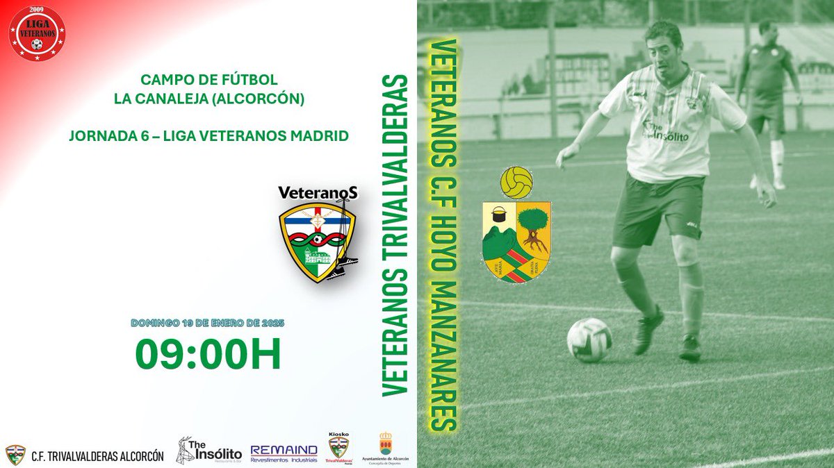 #LigaVeteranos Mañana toca madrugar de nuevo para darle a la ⚽️🥰. A por el 1er partido del año!💪🏻

📆19/01/2025
⏰09:00h
🆚#Veteranos <a href="/CfHoyo/">CF Hoyo de Manzanares</a> 
🏟️La Canaleja, Alcorcón

<a href="/AlcorconDeporte/">Concejalía de Deportes de Alcorcón</a> <a href="/trivalvalderas/">C.F TrivalValderas Alcorcón</a> @TheInsolitoBar <a href="/kioskotrivalva1/">kioskotrivalvalderas</a> #Remaind #VamosTrival 💚❤️