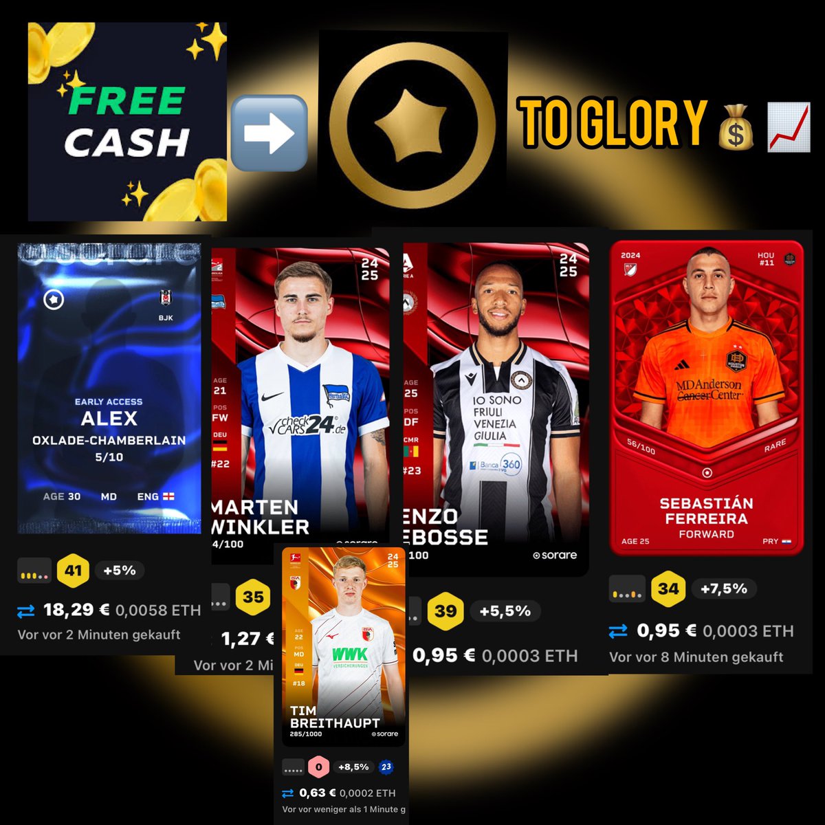 Freecash -&gt; Sorare to Glory EP.2 💰

Die ersten 5 Spieler wurden gekauft und direkt mal ein SR invest ! 👀🤯

Mal sehen wo das ganz hinführt mit den Spielern. 
Begründung für Käufe gibt es unten ⬇️ 

Gesamtgewinn: 22,33€!💰

Cash Startbonus-&gt; freecash.com/r/7d7dfad168
