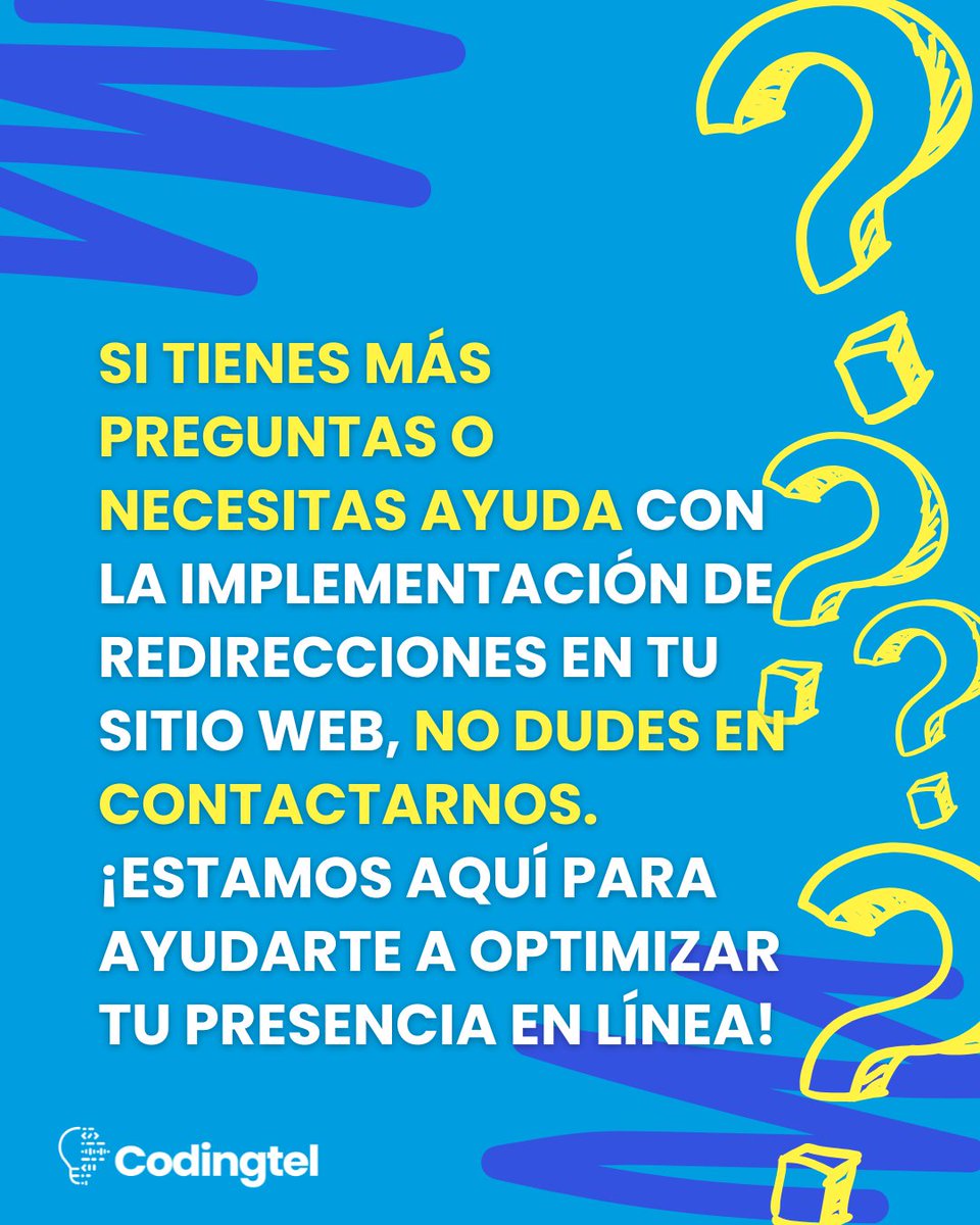 codingtel's tweet image. ¡Estamos aquí para ayudarte a optimizar tu presencia en línea!Las redirecciones son herramientas esenciales en la gestión de sitios web. Si tienes más preguntas, no dudes en preguntar. ¡Estamos aquí para ayudarte!