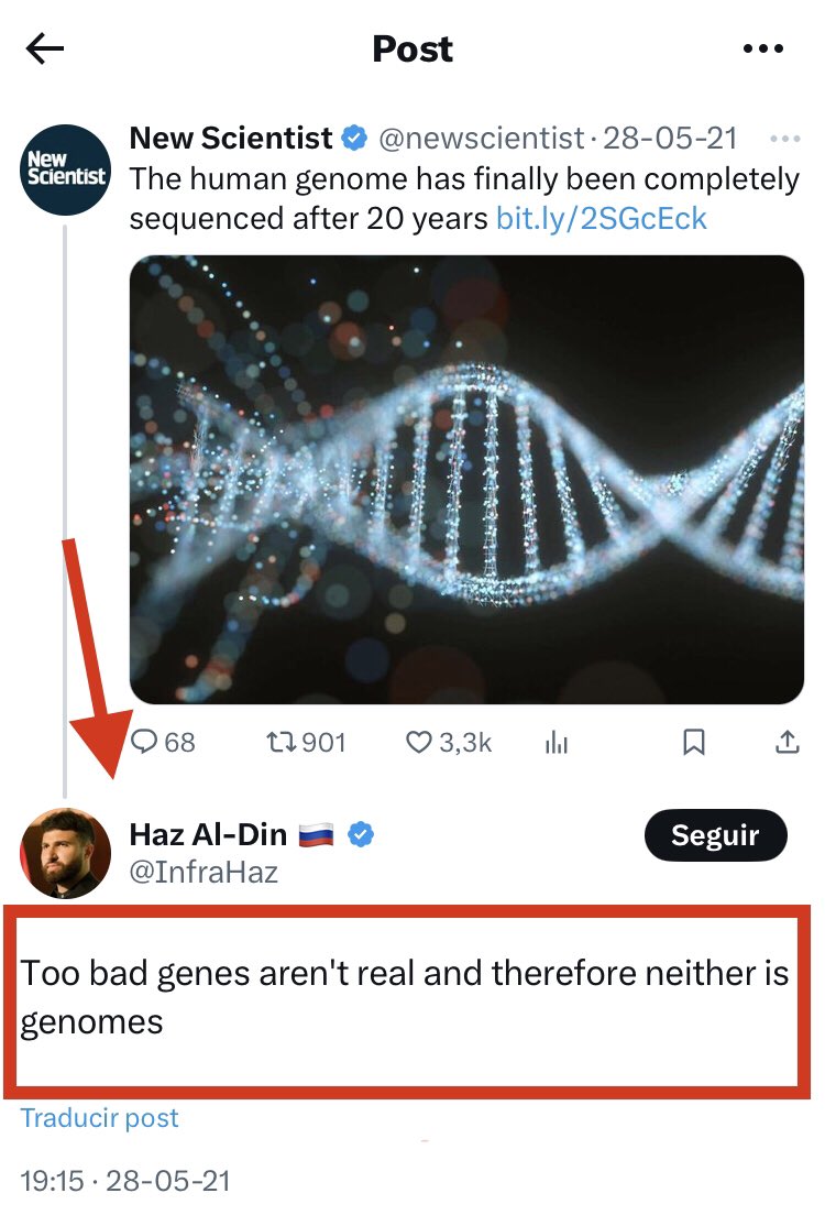 creenciasmicro2's tweet photo. One of the founders of ACP (an ultra-conservative reactionary sect with Duginist roots disguised to make it look Marxist), Haz Al-Din, claims the monstrosity that neither genes nor genome exist👇🏻. Get away from this anti-scientific rubbish before it fries your brains. https://t.co/KFU6CNjeVD