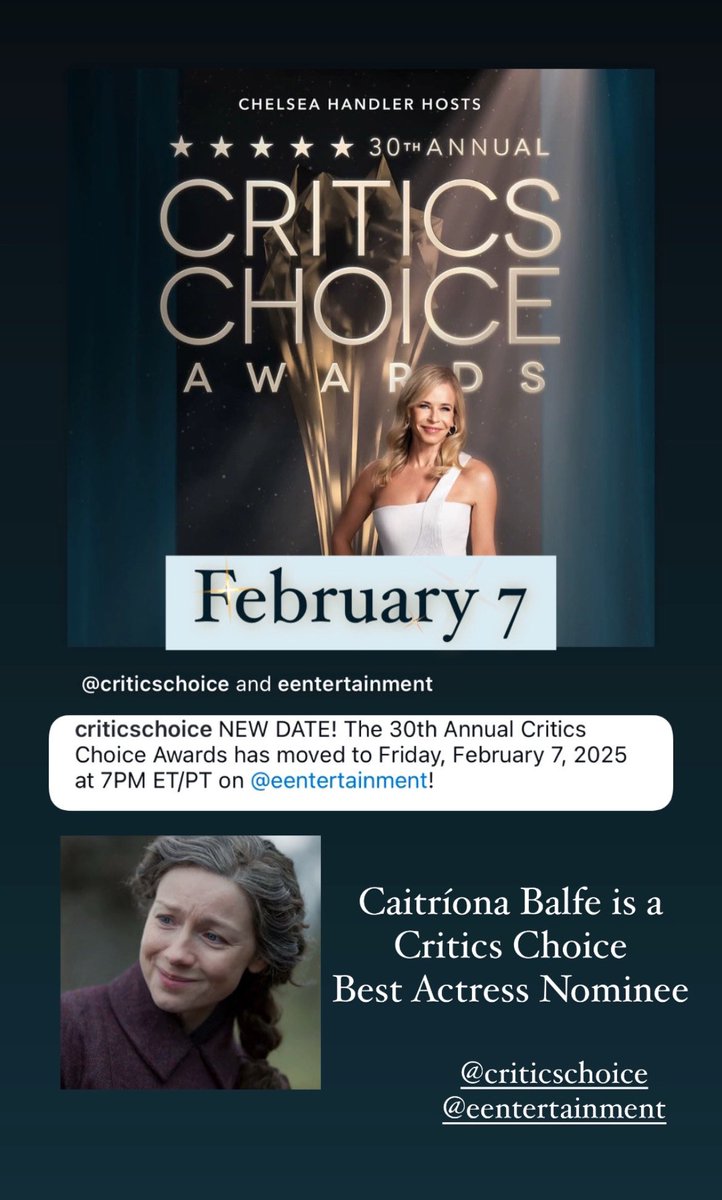 New date!

The Critics Choice Awards will now be held on February 7.

#CaitríonaBalfe is a Best Actress Nominee this year for her performance in #Outlander Season 7.

🔗 criticschoice.com