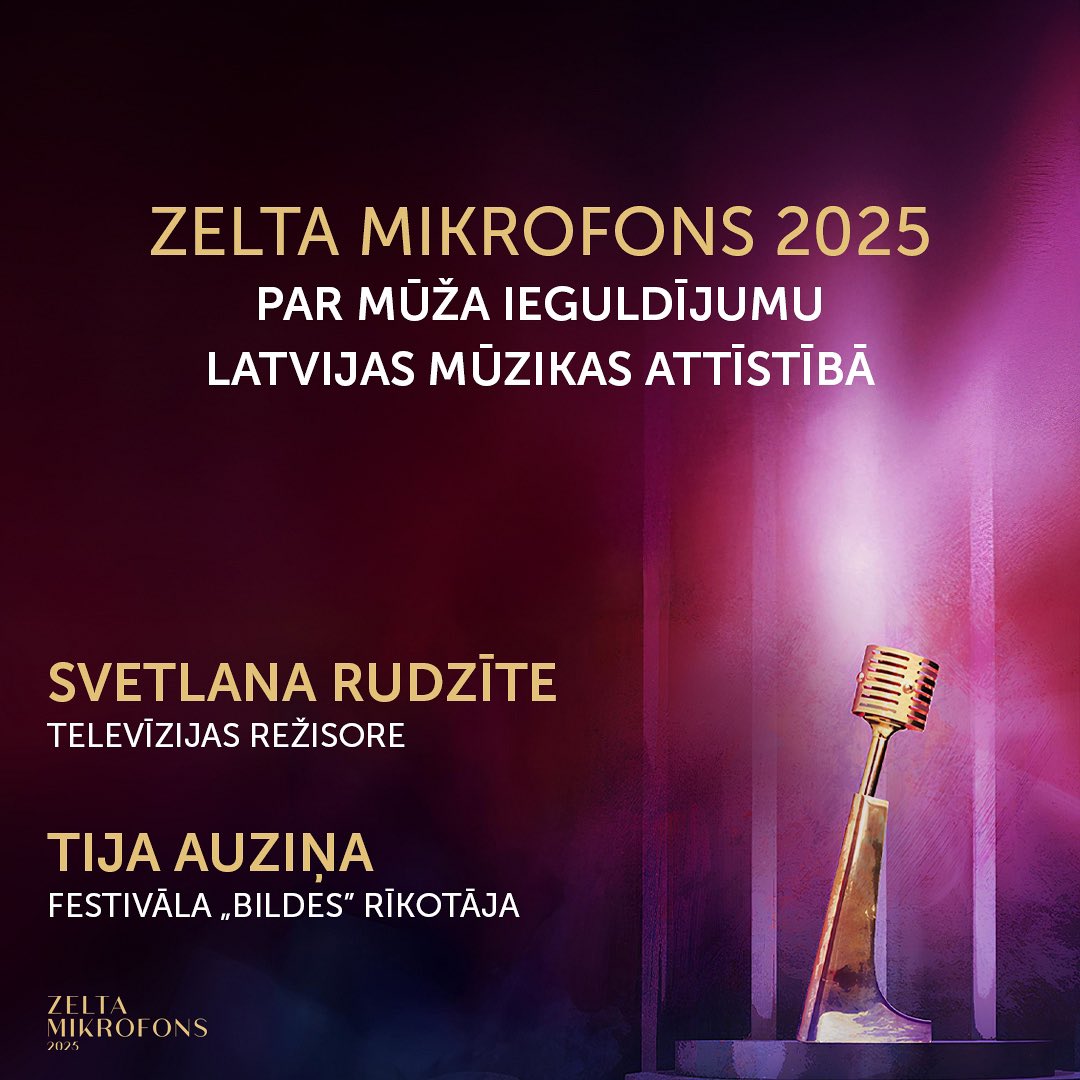 Kategorijā “Par mūža ieguldījumu Latvijas mūzikas attīstībā” Zelta mikrofonu iegūst Svetlana Rudzīte - televīzijas režisore un Tija Auziņa - festivāla “Bildes” rīkotāja! 🎙️