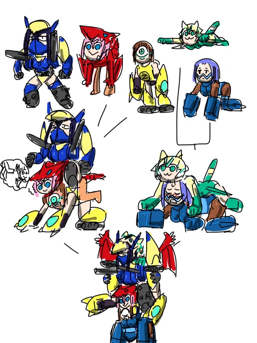 これは「擬人化した上であの合体を再現したらとんでもないことになるよな」というイメージが起点にある擬人化したXヘッドキャノン、Yドラゴンヘッド、Zメタルキャタピラー、Vタイガージェット、Wウイングカタパルト、そしてXYZとVWとVWXYZです 