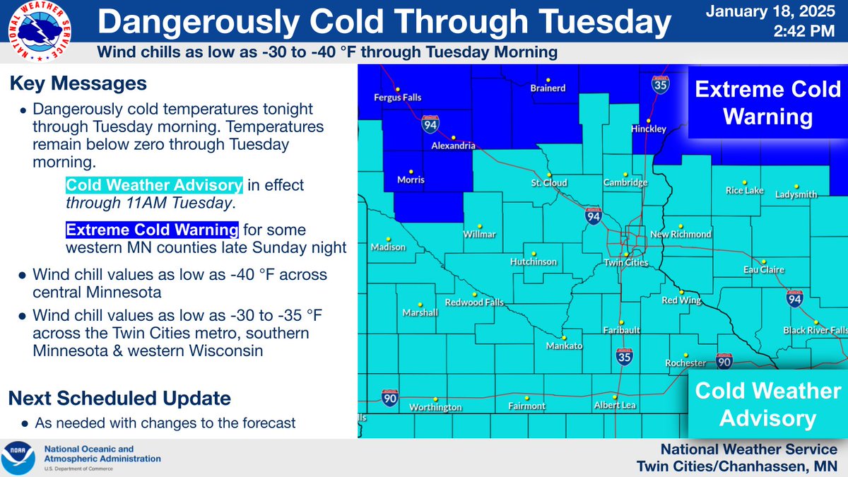 NWSTwinCities's tweet photo. Arctic air invades the region through Tuesday, with temperatures remaining below zero this evening through Tuesday morning. Wind chill values as low as -30° to -40° are expected, with the most dangerous cold occurring between sunset &amp; sunrise. Stay warm!
#mnwx #wiwx https://t.co/TznwjKXPXr