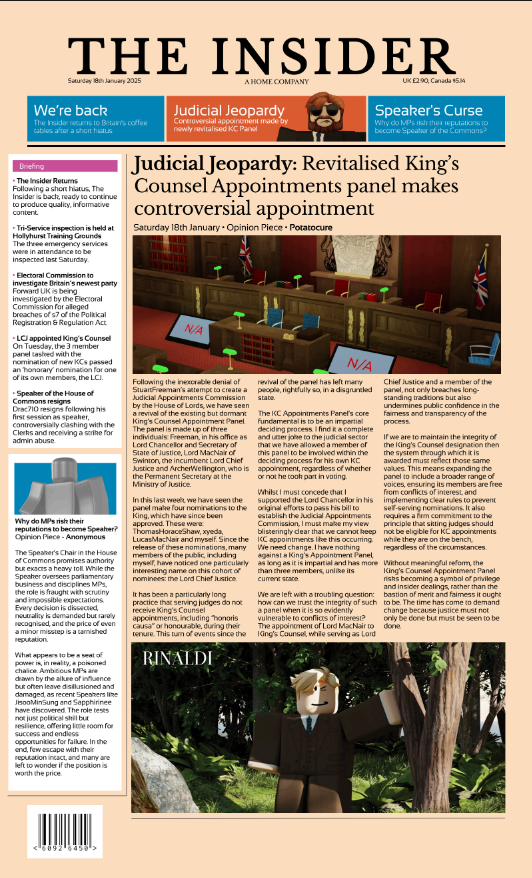 TheInsiderRX's tweet photo. ⚖️ Judicial Jeopardy: Controversial appointment made by newly revitalised KC Panel.

☠️ Speaker's Curse: Why do MPs take up the Speakership? Read this week's issue of the Insider below: 

https://t.co/vyeARnFspJ https://t.co/NDgIUCXG3g