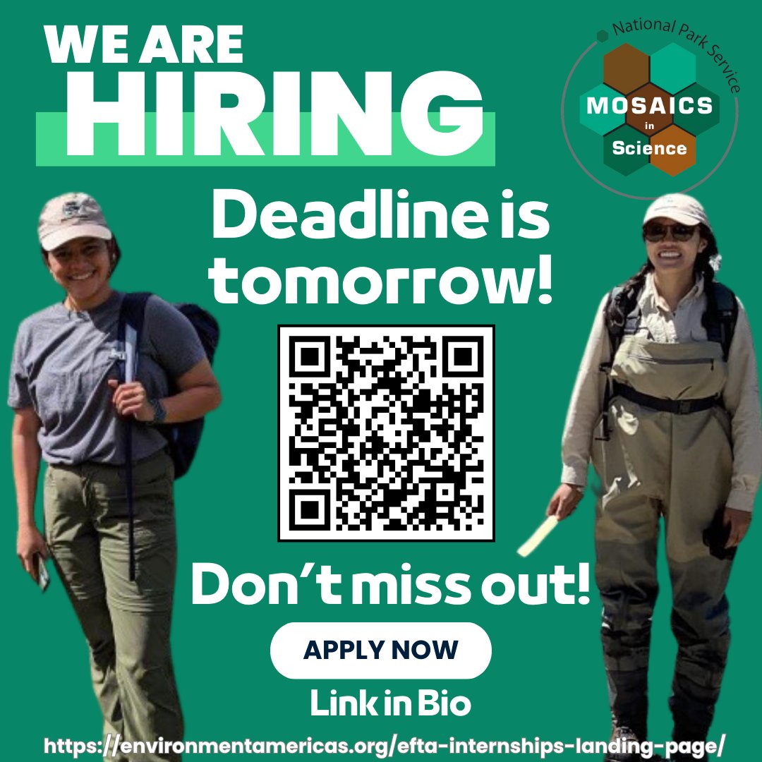 enviroamericas's tweet image. 📢 There is only one more day left to apply for a paid position in the Mosaics in Science Program!📢

Don&apos;t miss out on the chance to work in a National Park! 

Learn more and apply: EnvironmentAmericas.org

#MosaicsInScience #STEM #Internship #Research #DiversityInSTEM #ApplyNow