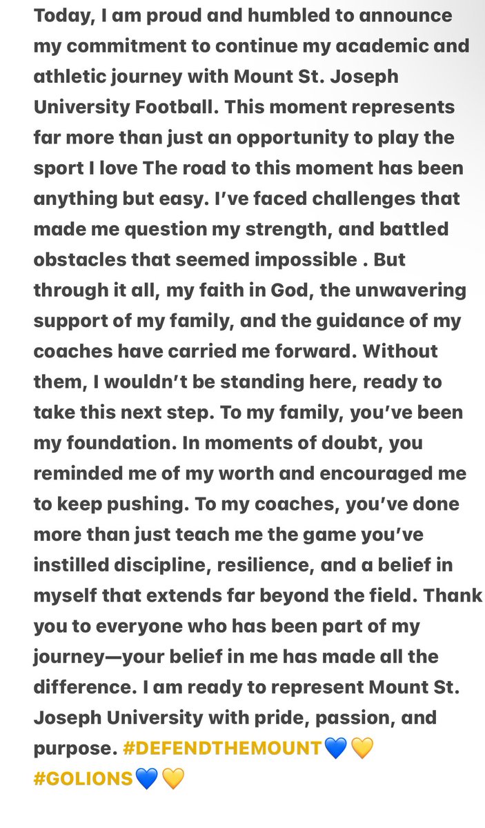 Kameron loggins🙏🏾 (@kamloggins51) on Twitter photo #AGTG After great time and consideration I've found my home and I'm here to STAY!!💙💛 1000% committed to the Mount💛💙!!!
<a href="/CoachLittle7/">Lane Little</a>
<a href="/CoachHopperton/">Coach Hopperton</a>
<a href="/Coach_DHughes/">Darold Hughes</a>
<a href="/JT_FTF/">Coach JT🚀</a>
<a href="/MSJ_FB/">Mount St. Joseph Football</a>
<a href="/CoachJMStevens/">Jordan Stevens</a> #AGTG After great time and consideration I've found my home and I'm here to STAY!!💙💛 1000% committed to the Mount💛💙!!!
<a href="/CoachLittle7/">Lane Little</a>
<a href="/CoachHopperton/">Coach Hopperton</a>
<a href="/Coach_DHughes/">Darold Hughes</a>
<a href="/JT_FTF/">Coach JT🚀</a>
<a href="/MSJ_FB/">Mount St. Joseph Football</a>
<a href="/CoachJMStevens/">Jordan Stevens</a>