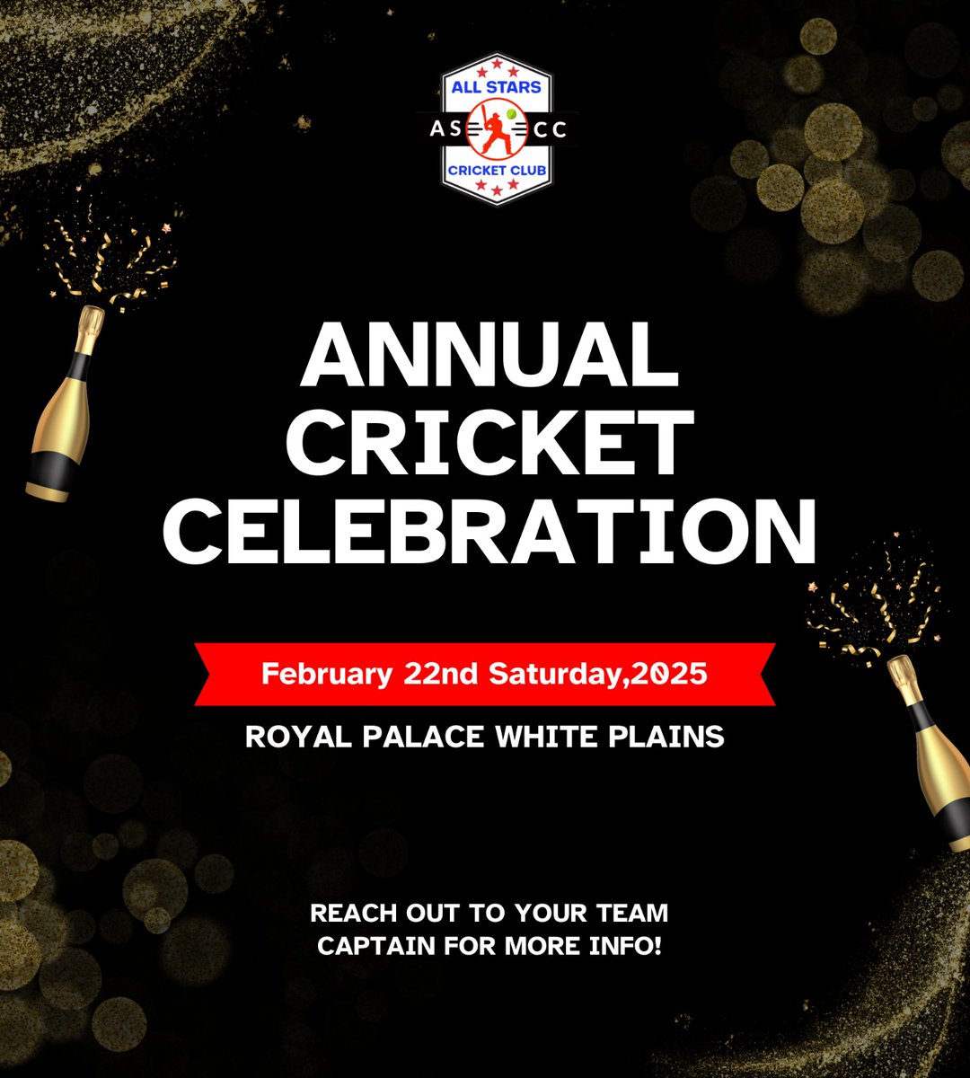 ASCCcricket's tweet photo. Get ready for an unforgettable evening at the ASCC Annual Cricket Celebration! A night to honor the game, celebrate our champions, and cherish the spirit of cricket that unites us all. Let’s make memories, share stories, and toast to an incredible season. See you there! 🏆✨" https://t.co/4aevJPDGh8