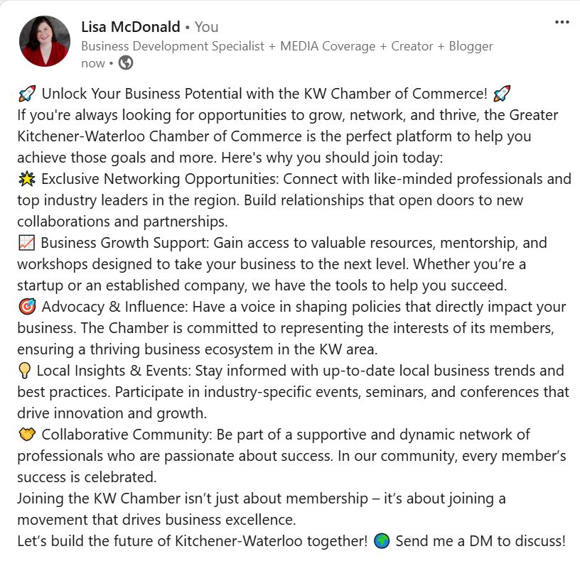 🚀 Unlock Your Business Potential with the KW Chamber of Commerce! 🚀
If you're always looking for opportunities to grow, network, and thrive, the Greater Kitchener-Waterloo Chamber of Commerce is the perfect platform to help you achieve those goals and more.
🌍 Send me a DM