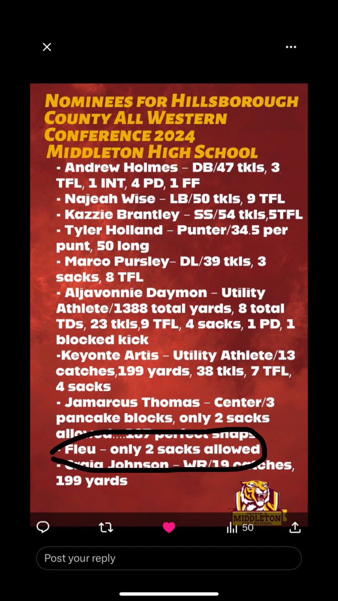 Fleu-Woodlet Fleurcius (@fleufleurcius) on Twitter photo I’m very Blessed to receive the Offensive Lineman of the Year Award, I couldn’t have done it without the God and the family at <a href="/MHSFootballFL/">MiddletonFootball</a> <a href="/MiddletonSTEM/">MiddletonHighSchool</a> the bonds that were created here will last a lifetime.
Thank you Middleton 🐯🖤
<a href="/CoachC813/">Coach Courtney 813</a> <a href="/CoachCogmon/">Jerrell Cogmon</a> <a href="/CoachO_PSC/">Coach O</a> I’m very Blessed to receive the Offensive Lineman of the Year Award, I couldn’t have done it without the God and the family at <a href="/MHSFootballFL/">MiddletonFootball</a> <a href="/MiddletonSTEM/">MiddletonHighSchool</a> the bonds that were created here will last a lifetime.
Thank you Middleton 🐯🖤
<a href="/CoachC813/">Coach Courtney 813</a> <a href="/CoachCogmon/">Jerrell Cogmon</a> <a href="/CoachO_PSC/">Coach O</a>