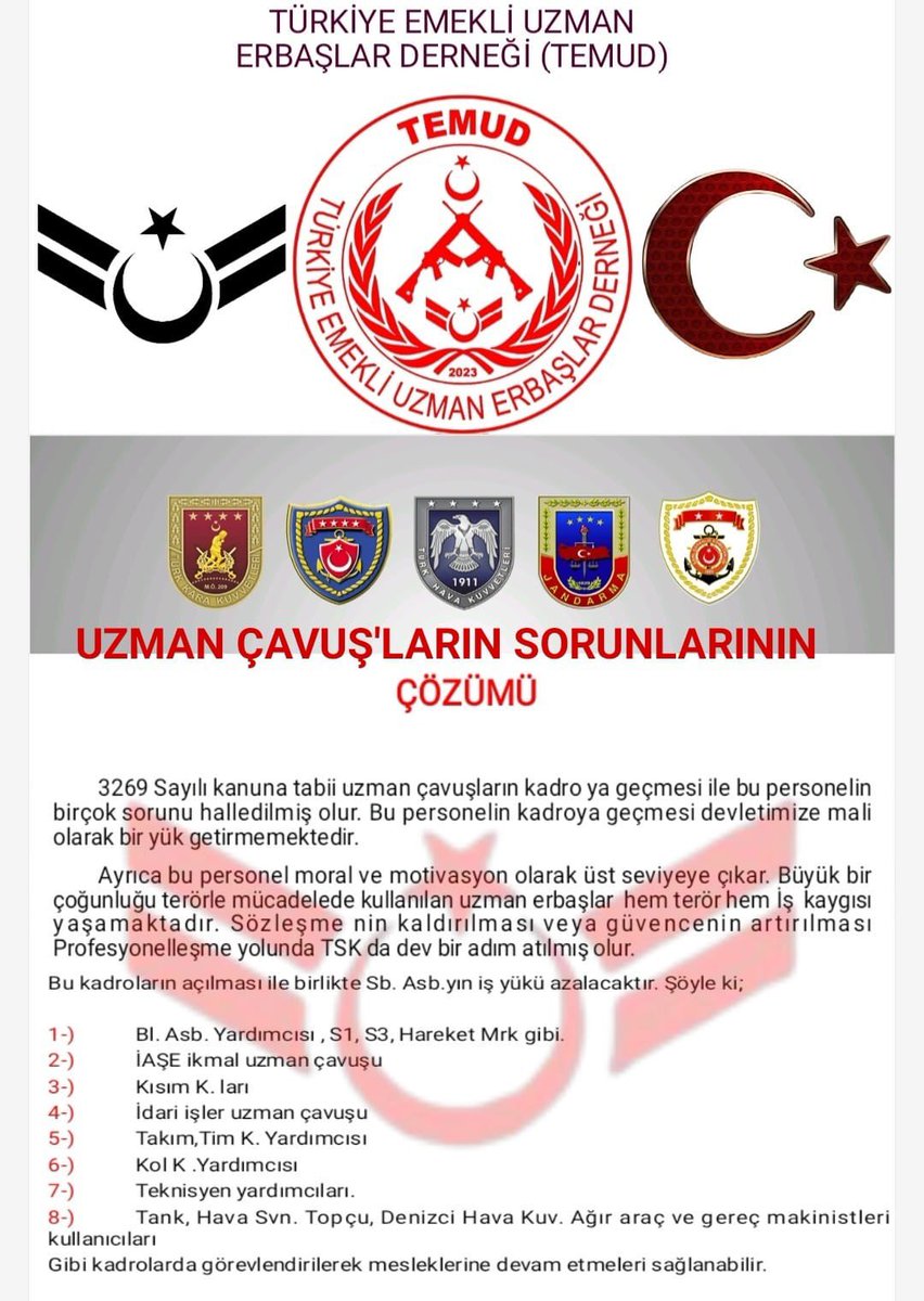 Kritik Kadro ve Görevlerde Devamlılık Kadro İle Sağlanır, Sözleşme İle Değil!
Cephe'de en önde, hak alırken en arkada kalan Uzman Çavuş'lar KADRO'lu olarak görev yapmak istiyor.

Devletin her kurumundaki sözleșmeli personele kadro veren Güçlü Devletimiz TSK'da görev yapan  Uzman