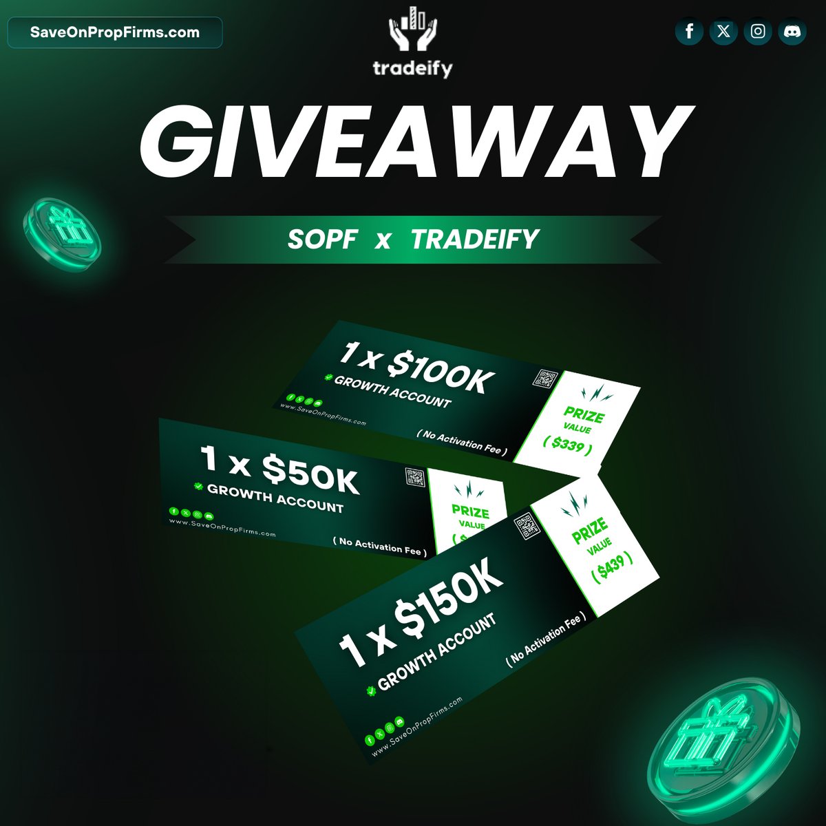 saveonpropfirms's tweet photo. 🚨 Tradeify Giveaway Announcement! 🚨

We’re redoing the entries for our Tradeify Growth Account Giveaway to ensure everything is fair and transparent. Here’s what’s up for grabs:
🎁 50K Growth Account
🎁 100K Growth Account
🎁 150K Growth Account

How to enter:
1️⃣ Sign up here: https://t.co/mW6So32Tf4
2️⃣ Join the Discord: https://t.co/3coRMWAajT (You must be a Discord member to win.)

📅 Signups close January 24 at 5 PM ET. Winners will be announced on January 25!

💥 Get the Best Deal: Use code SOPF at Tradeify to score the best discounts on funded accounts anytime!

Don’t miss your chance to win a funded account with no activation fees, built-in journaling, and lightning-fast payouts. Enter today and level up your trading game! 🚀

#PropTrading #Giveaway #FuturesTrading